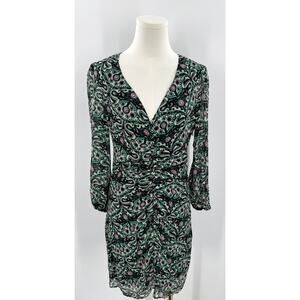 BA&SH Fanny Green Paisley Floral Mini Dress Smocked Ruched Long Sleeve M